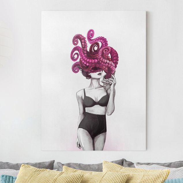 Cuadros Laura Graves Arte Illustration Woman In Underwear Black And White Octopus