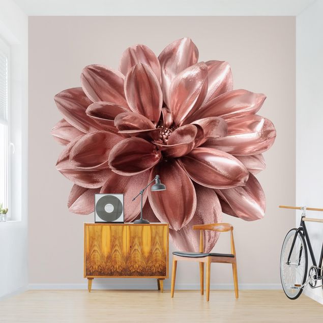 Papel pintado salón moderno Dahlia Flower Rosegold Metallic