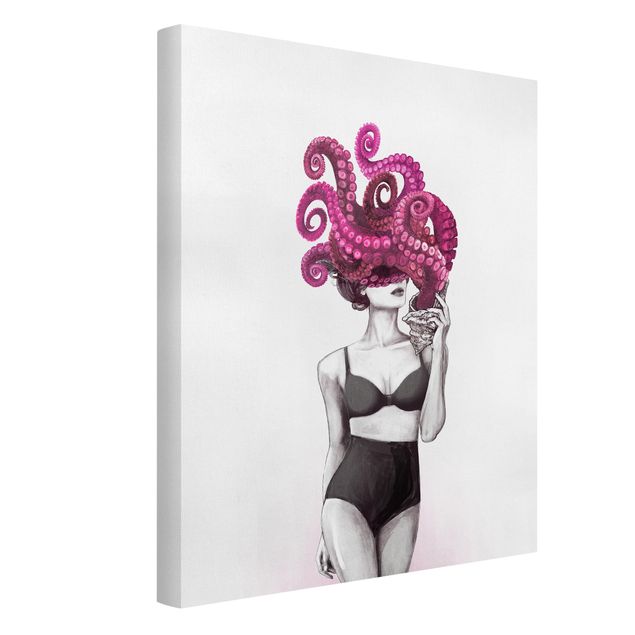 Cuadros de peces Illustration Woman In Underwear Black And White Octopus