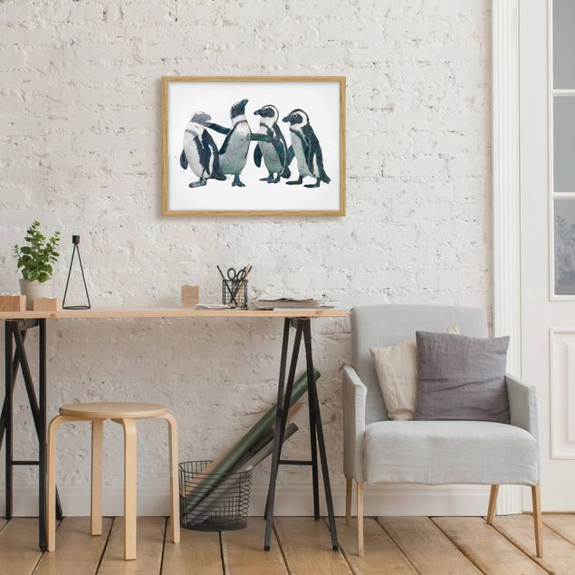 Pósters enmarcados vintage Illustration Penguins Black And White Watercolour