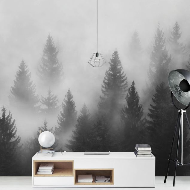 Papel pared bosque Coniferous Forest In The Fog Black And White