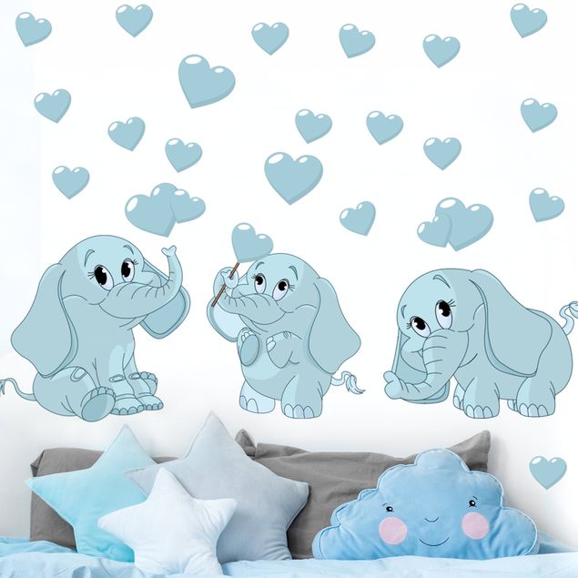 Vinilo elefante bebé Three blue elephant babies with hearts