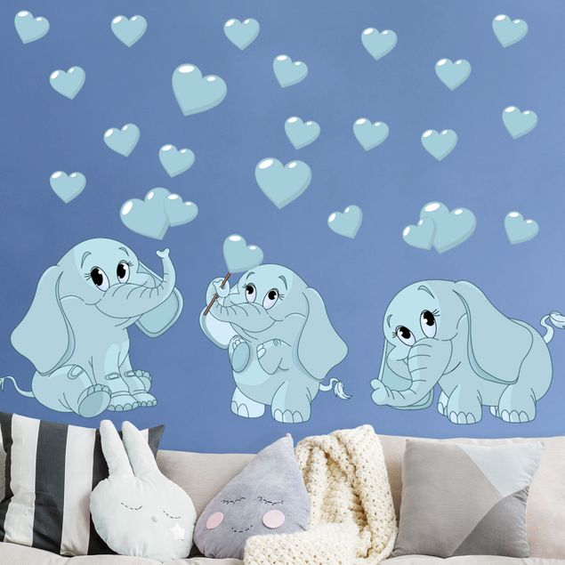 Decoración habitación infantil Three blue elephant babies with hearts
