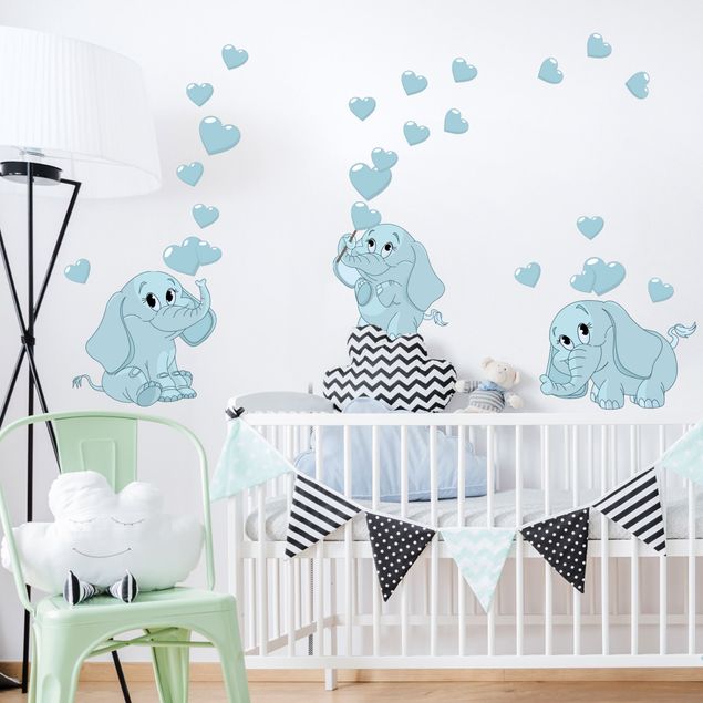 Vinilos pared animales Three blue elephant babies with hearts