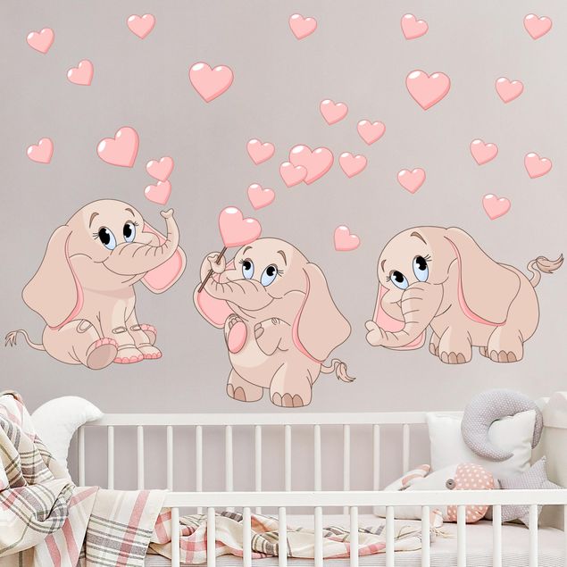 Decoración habitacion bebé Three pink elephant babies with hearts