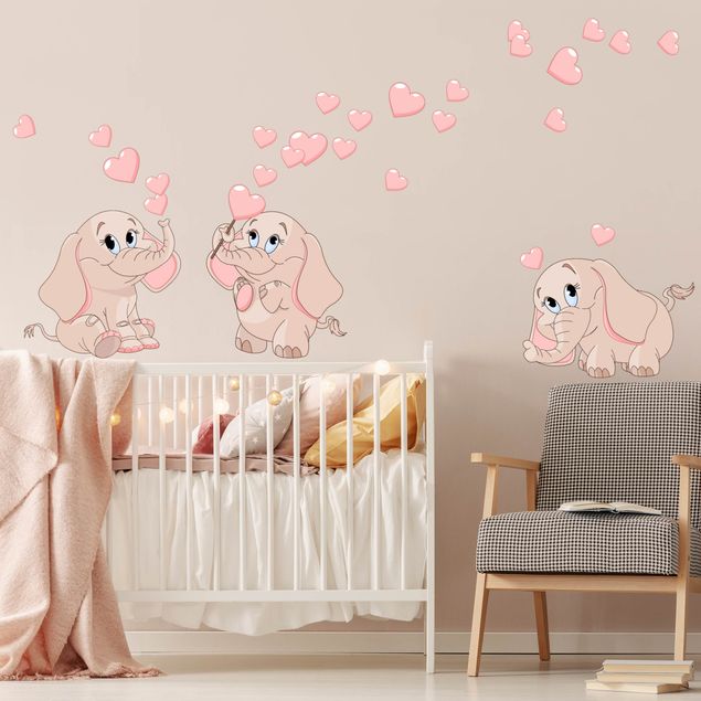Vinilos de pared amor Three pink elephant babies with hearts