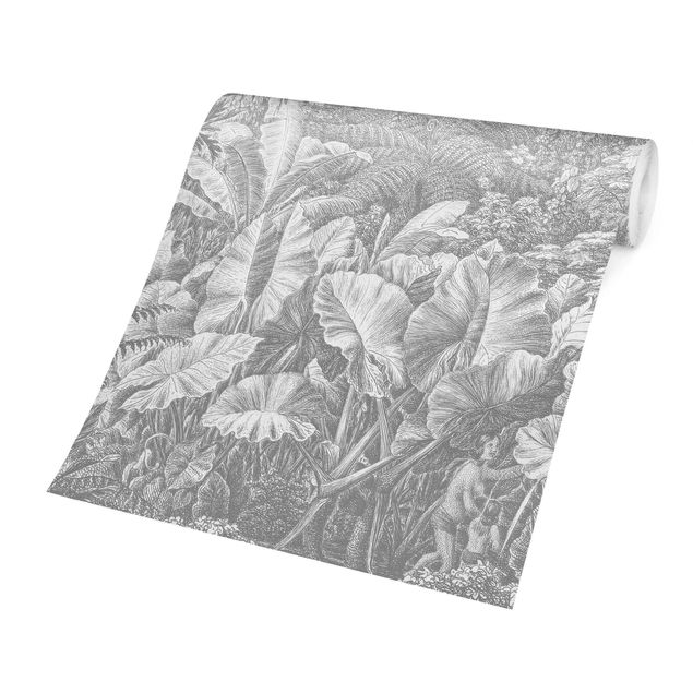 Papel pintado gris Jungle Copperplate Engraving