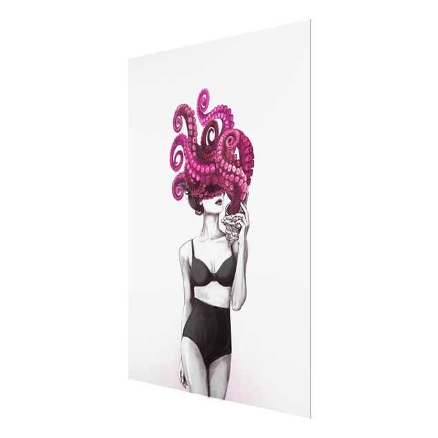 Cuadros de cristal blanco y negro Illustration Woman In Underwear Black And White Octopus