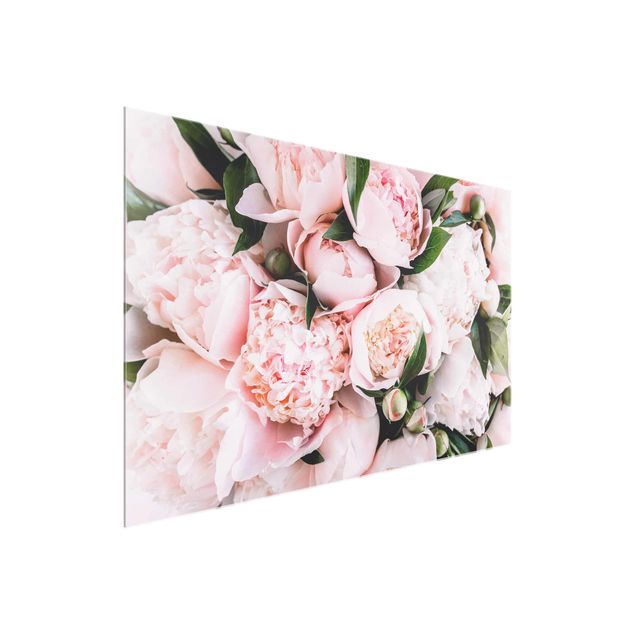 Cuadros de cristal flores Pink Peonies With Leaves
