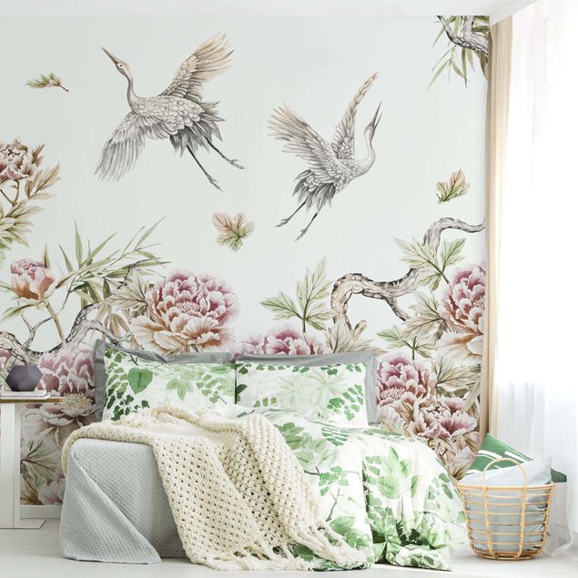 Papel pared flores Watercolour Storks In Flight With Roses