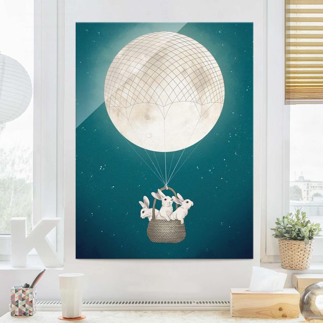 Tableros magnéticos de vidrio Illustration Rabbits Moon As Hot-Air Balloon Starry Sky
