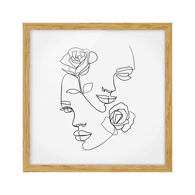 Pósters enmarcados flores Line Art Faces Women Roses Black And White