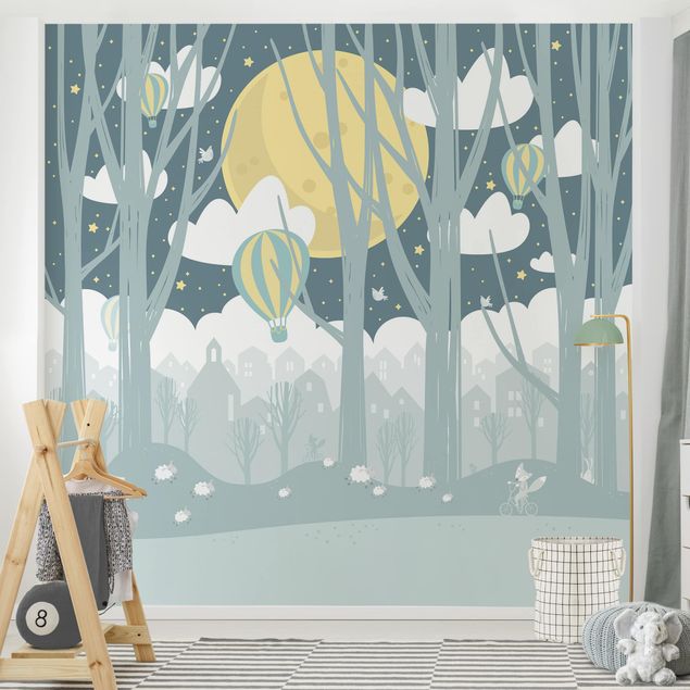 Papel pintado cielo nubes Moon With Trees And Houses