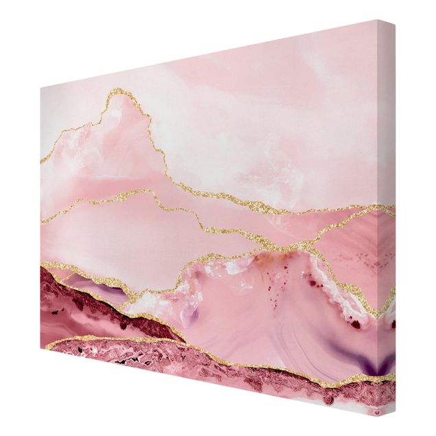 Lienzos de patrones Abstract Mountains Pink With Golden Lines