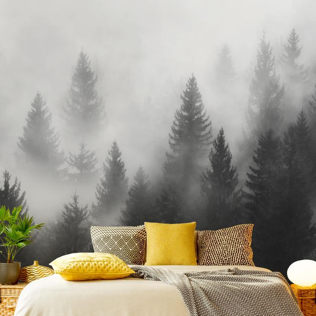 Papel pintado salón moderno Coniferous Forest In The Fog Black And White