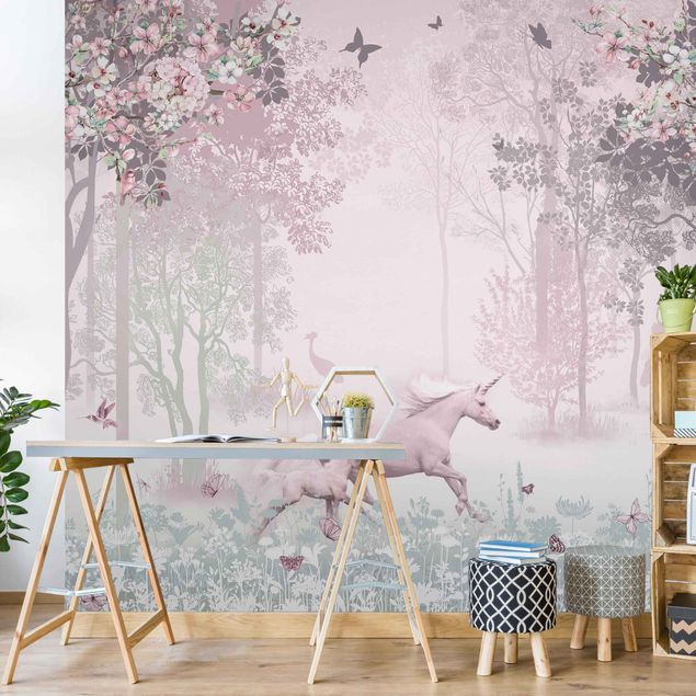 Papel pintado moderno Unicorn On Flowering Meadow In Pink