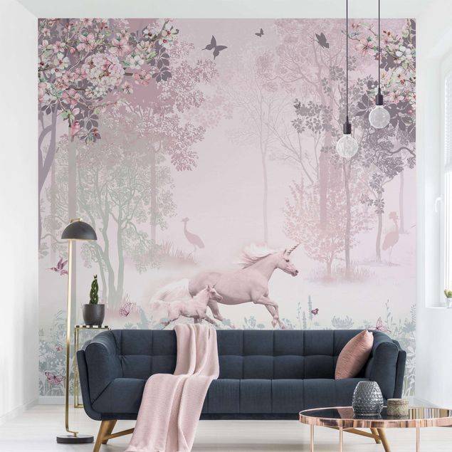 Papel pintado paisajes Unicorn On Flowering Meadow In Pink