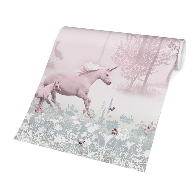 Papel pintado bosque Unicorn On Flowering Meadow In Pink