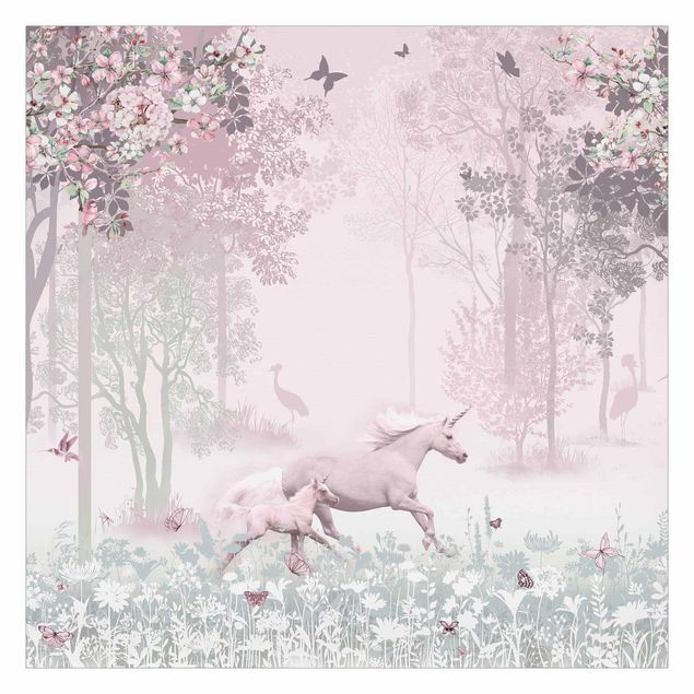 Papel pintado rosa Unicorn On Flowering Meadow In Pink