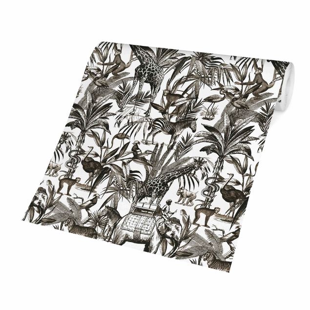 Papel pared cebra Elephants Giraffes Zebras And Tiger Black And White With Brown Tone