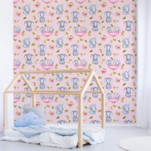 Decoración habitación infantil Elephant With Flowers In Front Of Pink