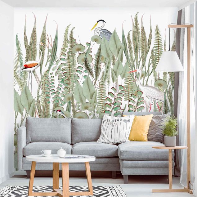 Papel pared flamencos Flamingo And Stork With Plants