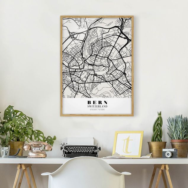 Pósters enmarcados en blanco y negro Bern City Map - Classical