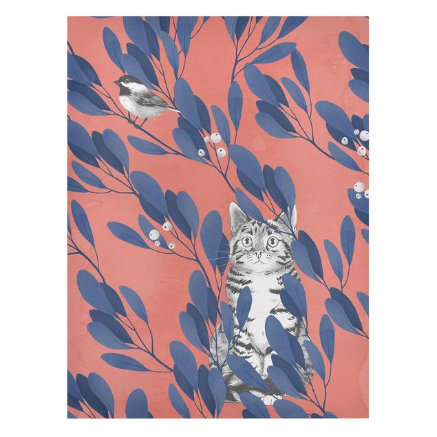 Lienzos de aves Illustration Cat And Bird On Branch Blue Red