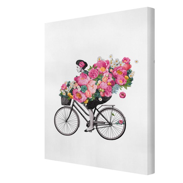 Cuadros tonos naranjas Illustration Woman On Bicycle Collage Colourful Flowers