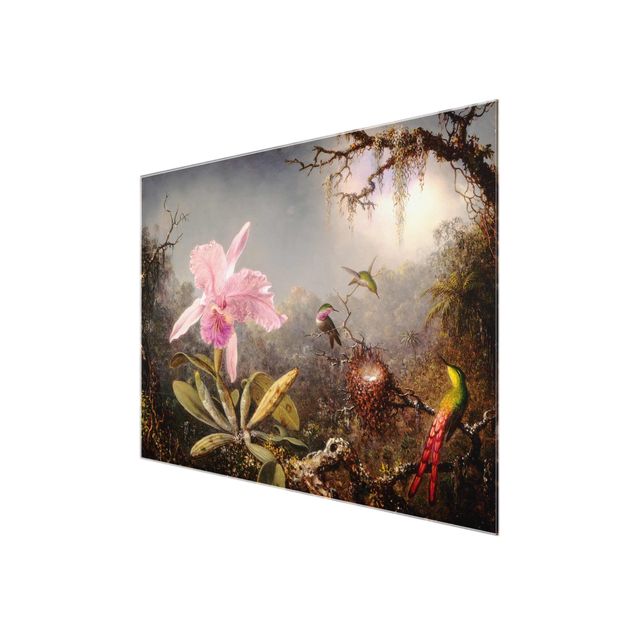 Cuadros de cristal flores Martin Johnson Heade - Orchid And Three Hummingbirds