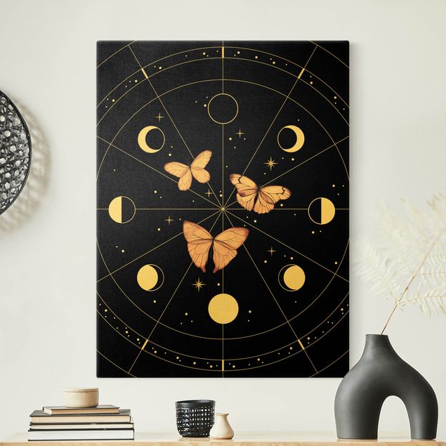 Lienzos dorados Moon Phases And Butterflies Pink