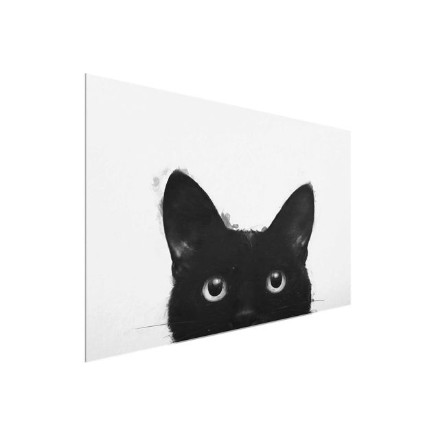 Cuadros de cristal blanco y negro Illustration Black Cat On White Painting