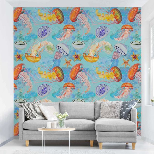 Papel pintado peces Colourful Jellyfish On Blue
