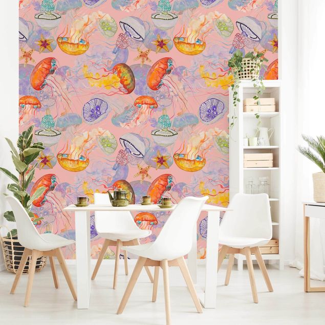 Papel pintado con patrones Colourful Jellyfish On Pink