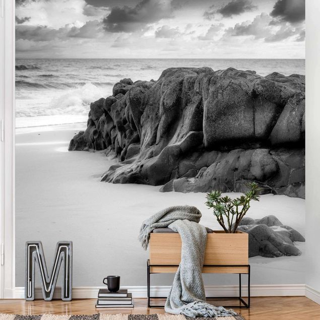 Papel pintado mar Rock On The Beach Black And White
