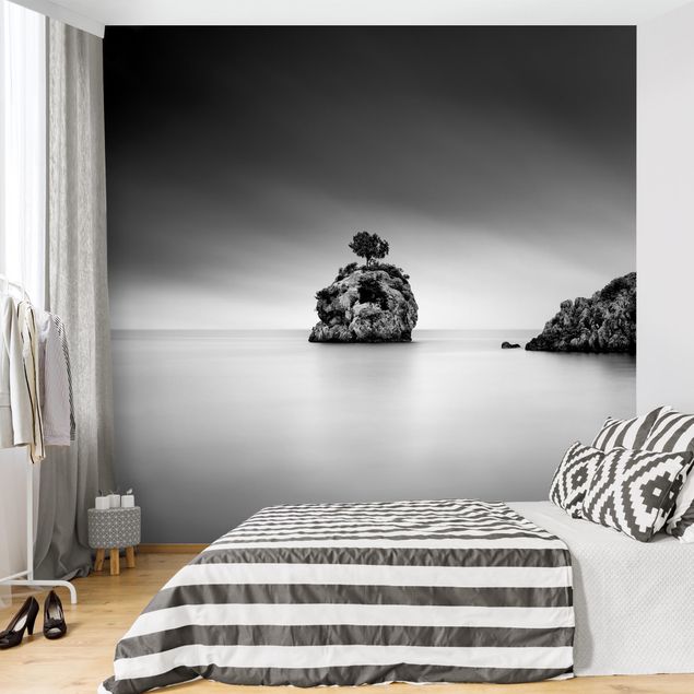 Papel pintado blanco y negro Rocky Island In The Sea Black And White