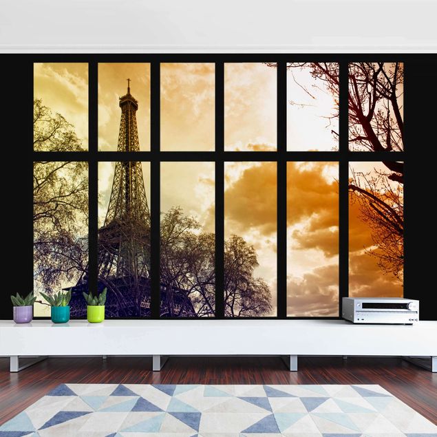 Papel pintado 3d Window Sunrise Paris Eiffel Tower