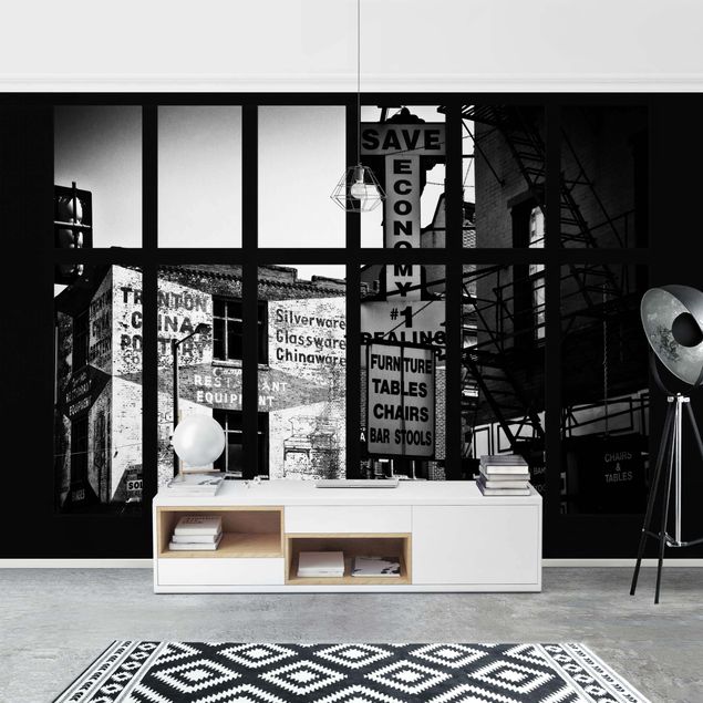 Papel pintado ciudad Window View American Building Facade In Black And White