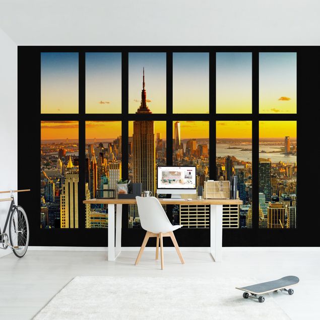Papel pared New York Window View Manhattan Skyline Sunset