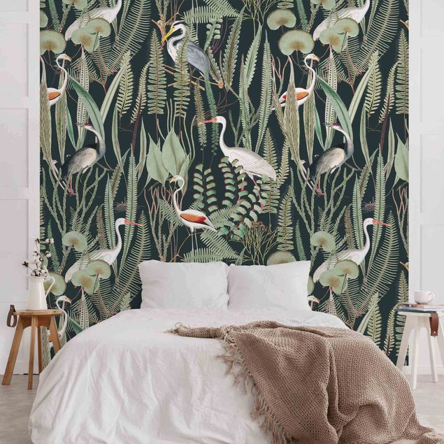 Papel pared flores Flamingos And Storks With Plants On Green