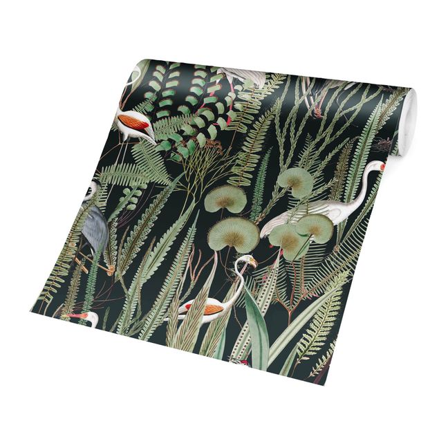 Papel pintado con patrones Flamingos And Storks With Plants On Green