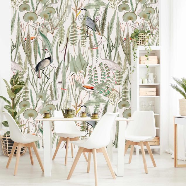 Papel pared flamencos Flamingos And Storks With Plants
