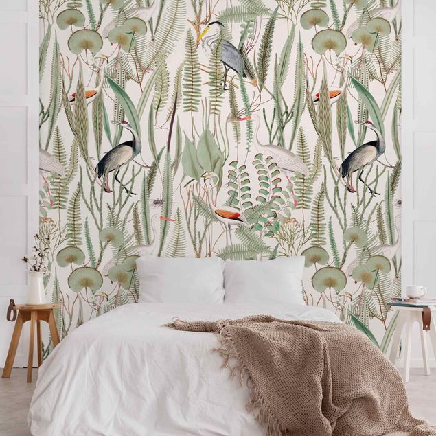 Papel pintado aves Flamingos And Storks With Plants