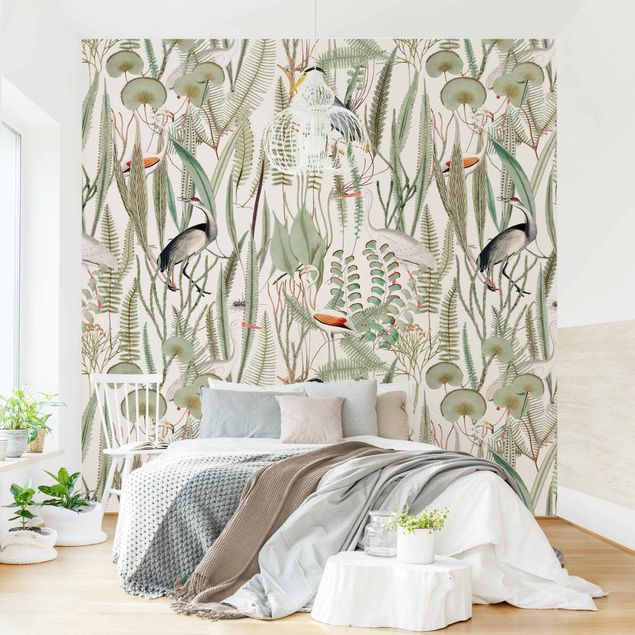 Papel pintado flores Flamingos And Storks With Plants