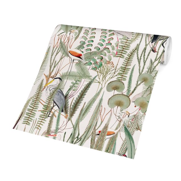 Papel pintado con patrones Flamingos And Storks With Plants