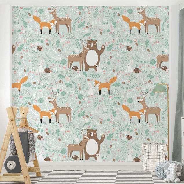 Papel pintado con patrones Forest-Friends-With-Forest-Animals
