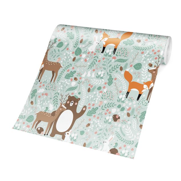 Papel pintado tonos verdes Forest-Friends-With-Forest-Animals
