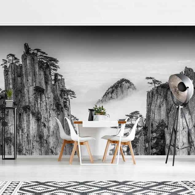Papel pintado salón moderno Rocks In Fog In Black And White