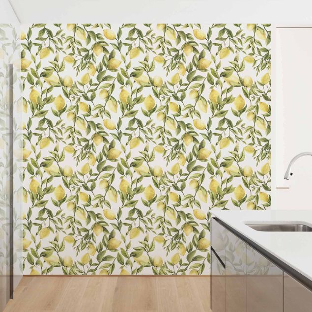 Papel pintado con patrones Fruity Lemons With Leaves