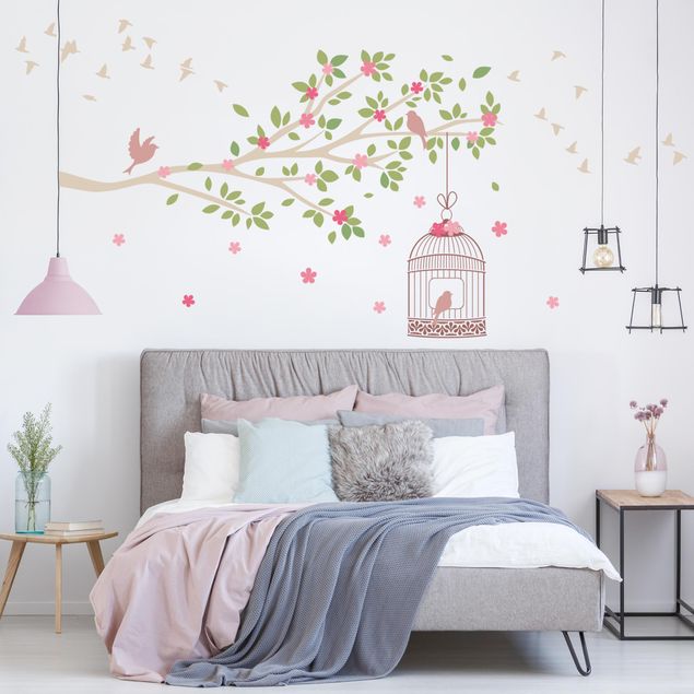 Vinilos pared animales Spring branch with birdcage